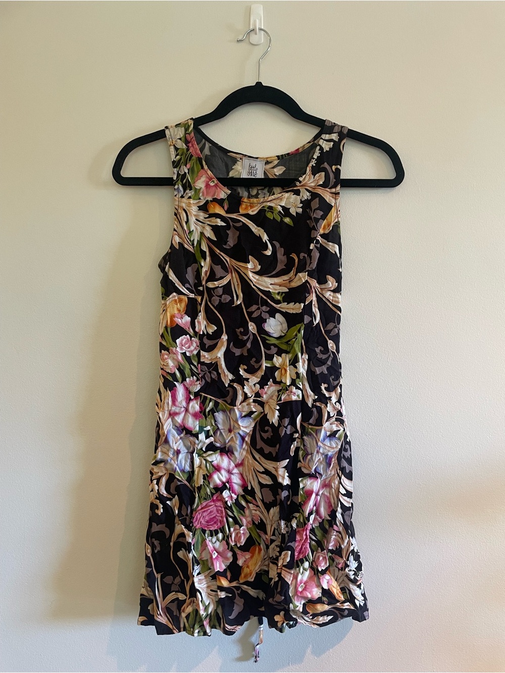 Black Floral Scoop Neck Mini Dress with Pink and Green Accents